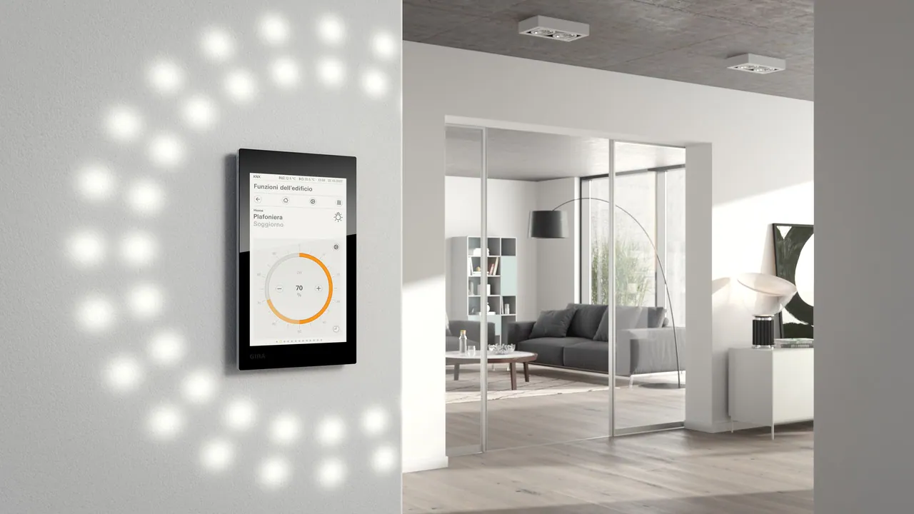 Gira G1 zur Lichtsteuerung an der Wand eines hochwertigen Wohnbereichs